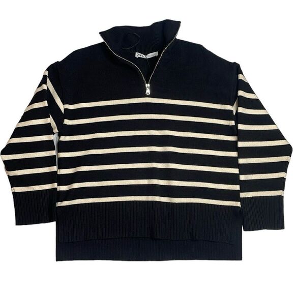 NWT Zara Black Striped Sweater Quarter Zip Blogger Favorite Small - Picture 5 of 13